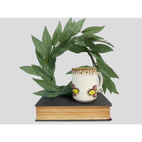 Vintage Stoneware Mod Floral Coffee Mug, Pink Yellow Mod Flowers, Coffee Cup - Picture 2 of 9